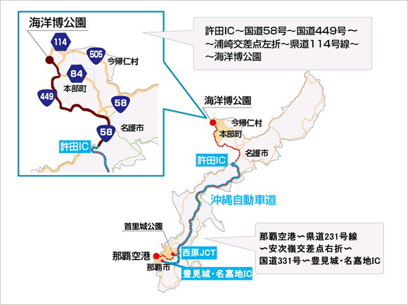 沖縄美ら海水族館は、那覇空港から車で約2時間(高速道路利用)、バス(高速バス使用)で約3時間です