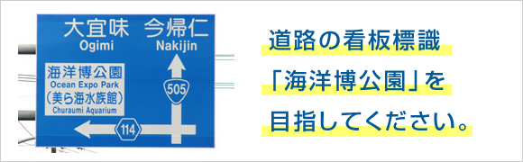 道路の看板標識「海洋博公園」を目指してください。